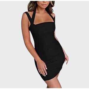 Women's Black Sexy Tank Ruched Dress Medium Sleeveless halter neck Mini Dress
